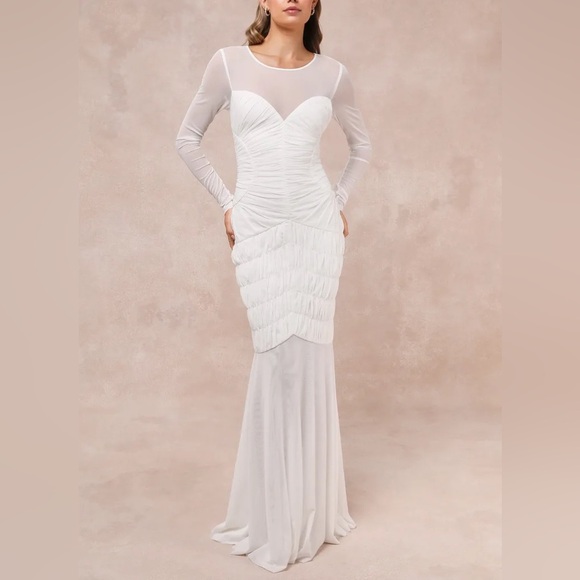 Lulus Romantic Heights White Mesh Ruched Long Sleeve Wedding Dress Gown - Picture 1 of 5